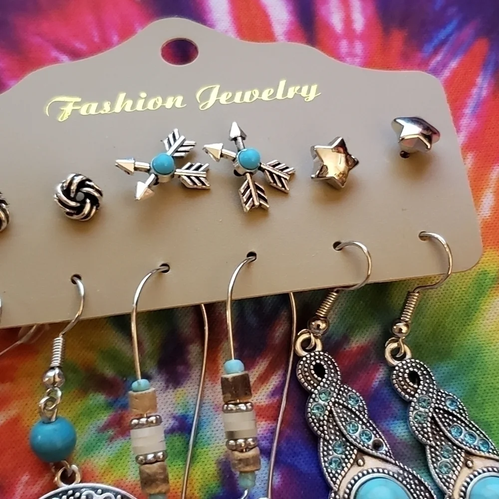 Nwt Silver Turquoise Boho Drop Dangle Earrings Stud Earrings Set of 6 - Picture 4 of 5